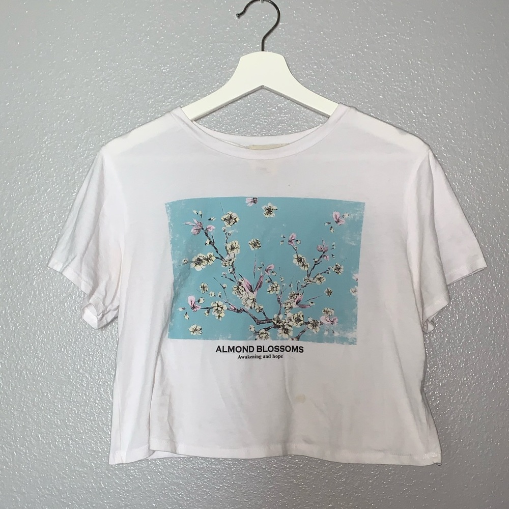 White Cropped Tee with almond blossom image